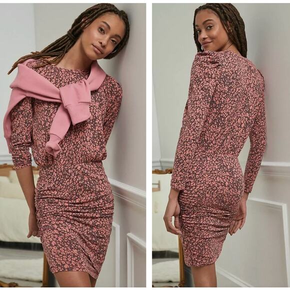ANTHROPOLOGIE x SUNDRY Puff Sleeve Leopard Ruched Dress Rose Pink {3V48} - Picture 1 of 6